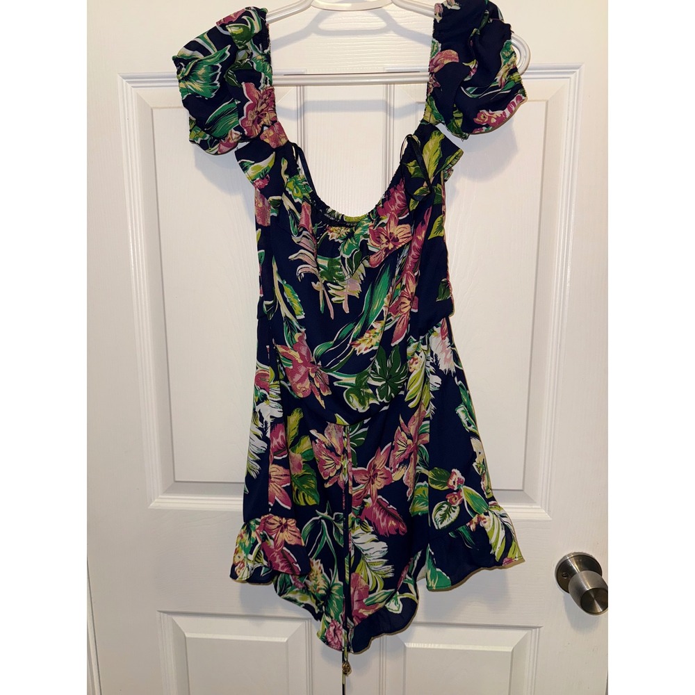 City Studio Romper Women Medium Blue Excellent Floral Off Shoulder 2213-AG7B